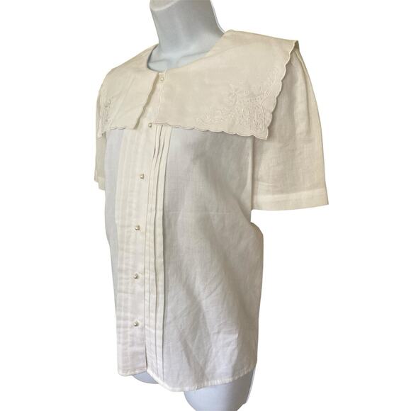 Vintage 80s 90s White Cotton Pan Collar Cottage Preppy Victorian Blouse M/8 - Picture 2 of 6